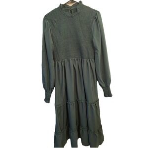 New Midi Dress For M 10/12 Green Tiered Ruched Bodice & Cuff Ruffle Neck